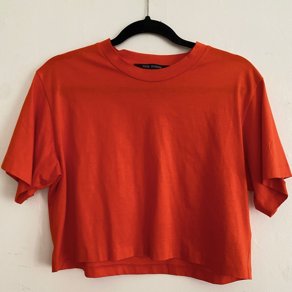 Sophie D’hoirie Boxy Cropped Tee in Tangerine Orange, size 34, Belgian designer